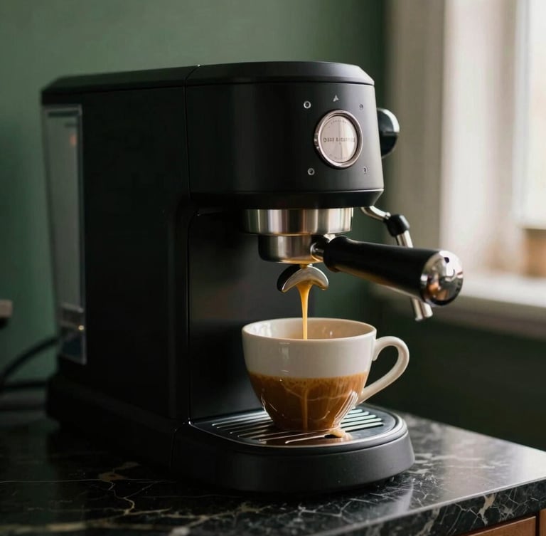 Sleek matte black super-automatic espresso machine on a dark marble countertop, rich golden crema pouring into a ceramic cup, warm side lighting, shallow depth of field, 35mm