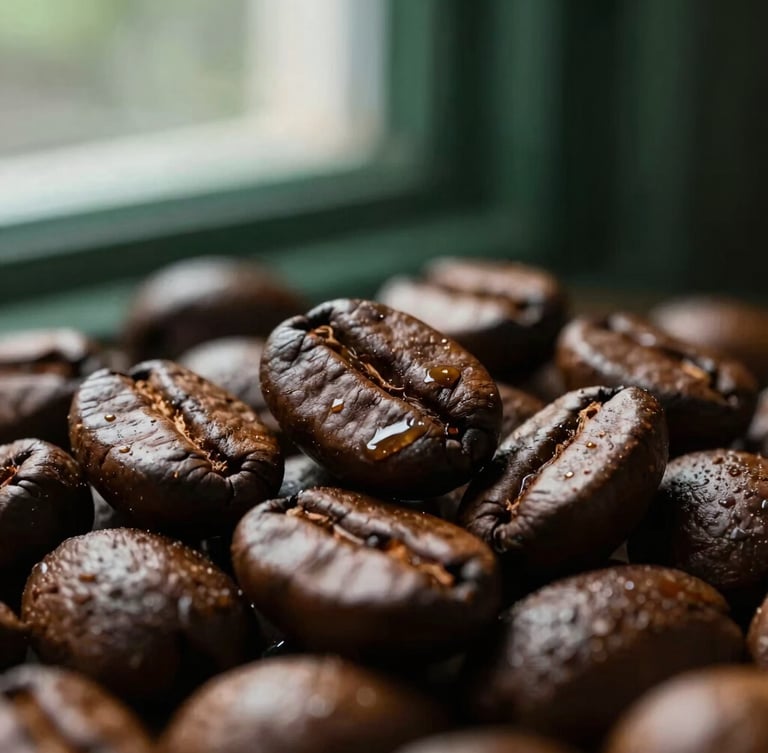 Close-up macro of roasted coffee beans showing oily texture and rich brown tones, soft side window light, deep green shadows, 35mm