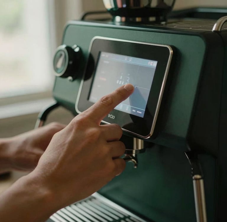 Close-up of clean hands adjusting a digital touch screen on a premium matte-black espresso machine, soft directional lighting, editorial style