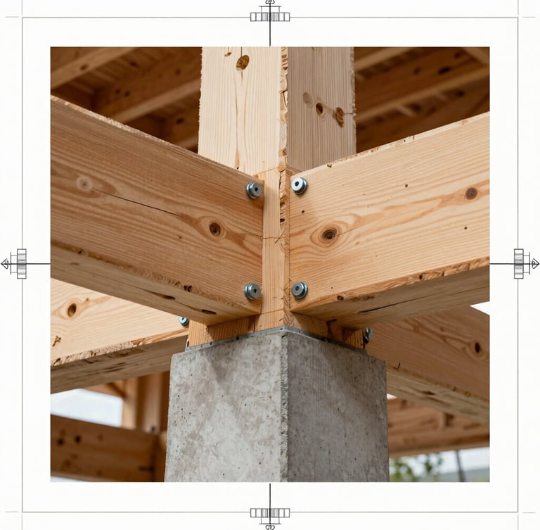 Close-up of a structural timber joint in a modern building, showing steel bolts and clean concrete foundation, bright natural lighting revealing texture, architectural blueprint style framing.