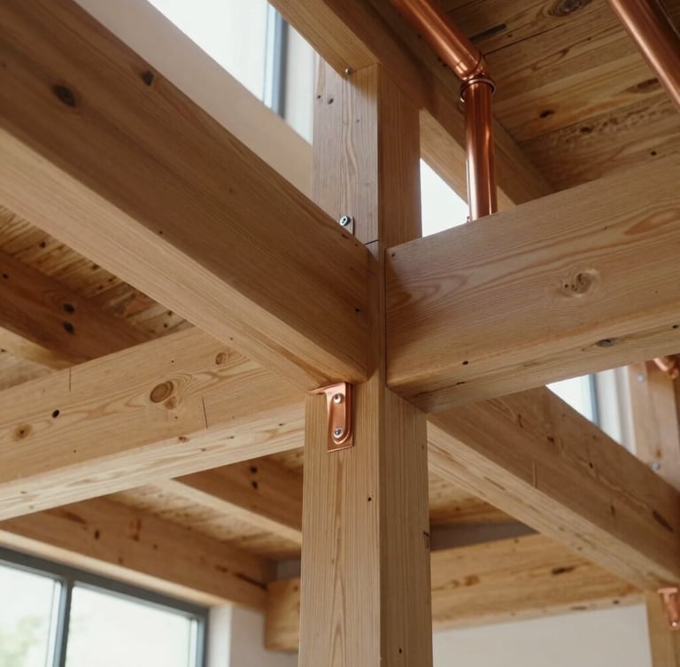 An architectural detail showing exposed timber joints and clean copper plumbing inside a modern building structure, captured in bright revealing light.
