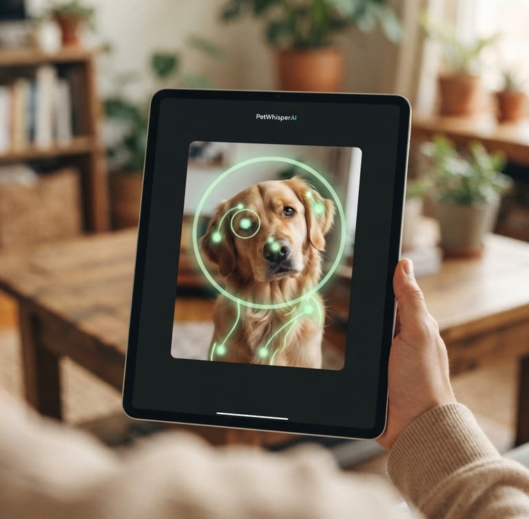 A clean, minimalist digital interface of the PetWhisperAI upload portal on a tablet screen, showing a dog's head tilt photo being analyzed with soft green UI markers, warm natural daylight background, shallow depth of field.