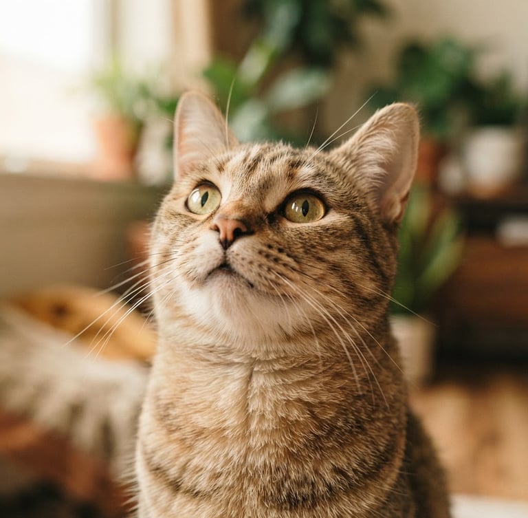 Close-up of a cat looking up with curious eyes, soft natural indoor daylight, warm sand tones, shallow depth of field