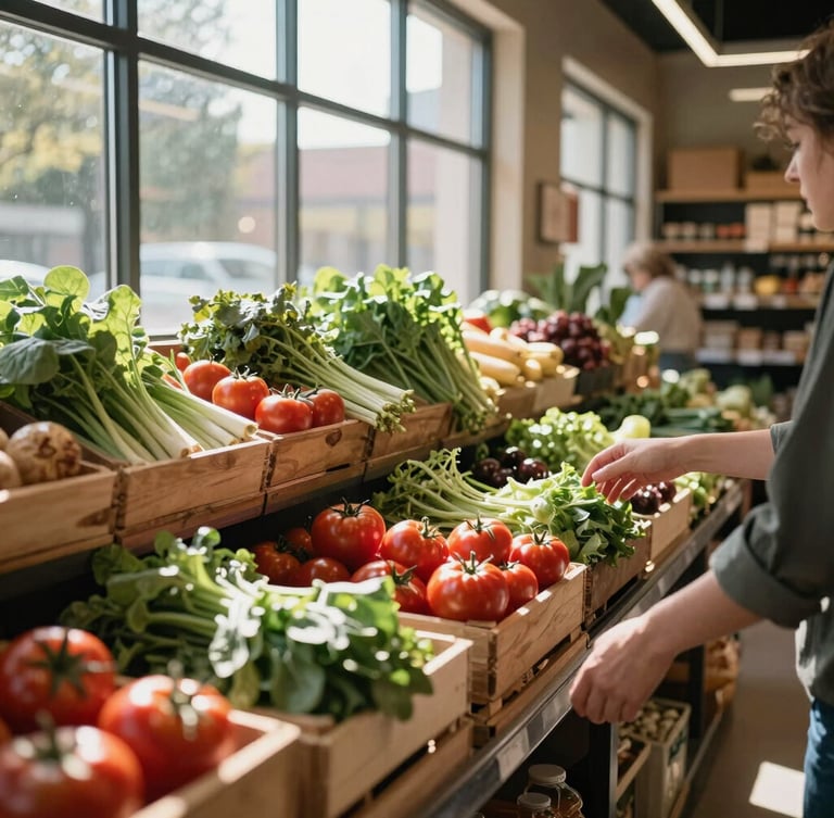 Wide shot of a sunlit boutique grocery aisle, soft natural light streaming through large windows, wooden crates stacked with fresh heirloom tomatoes and leafy greens, a shopper's hand reaching out in soft focus.
