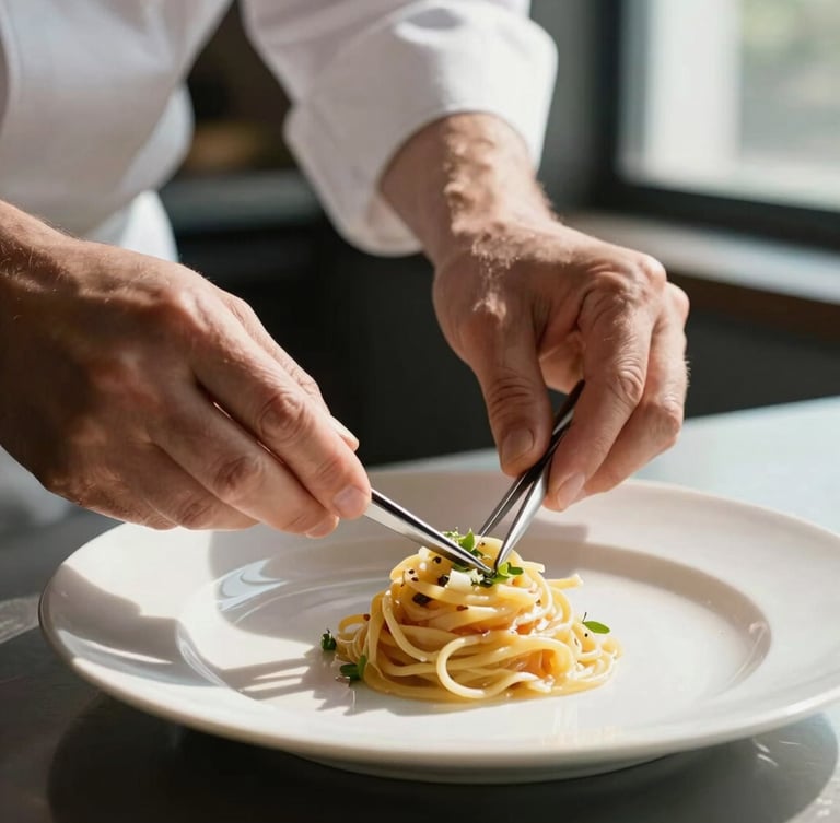 Close-up portrait shot of a chef's hands carefully plating a delicate pasta dish with tweezers under soft window light, deep natural shadows.