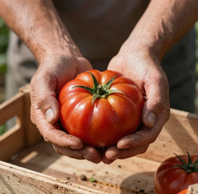 A close-up of a farmer's dirt-stained hands cradling a vibrant red heirloom tomato, soft morning light casting long shadows across a wooden crate.