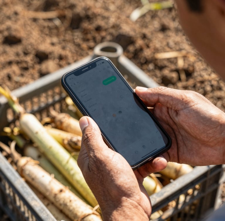 Close-up of a farmer holding an Android smartphone over a crate of freshly harvested crops, harsh midday sun, rich soil tones, 35mm