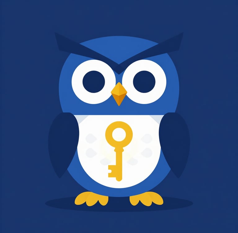 A premium flat vector illustration of the COURAGIER mascot, a stylized wise owl holding a glowing golden key, clean geometric shapes, deep royal blue background with gold accents, modern tech aesthetic, minimalist