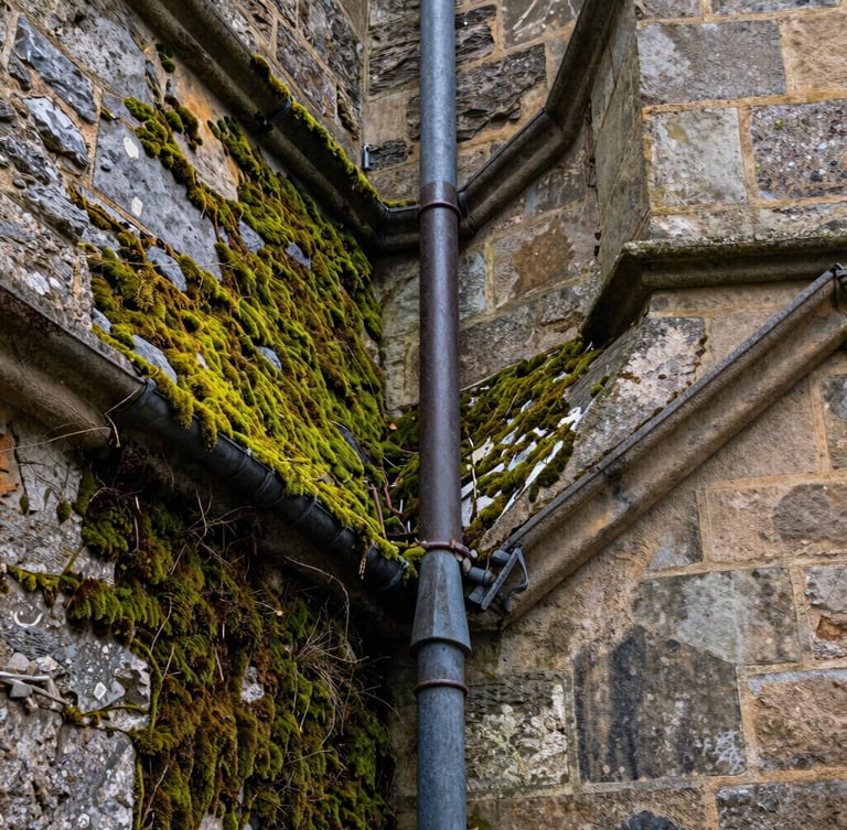 A sharp split before-and-after shot of a deep lead valley gutter on a stone building, heavily choked with green moss on the left, completely cleared, clean, and dry on the right.