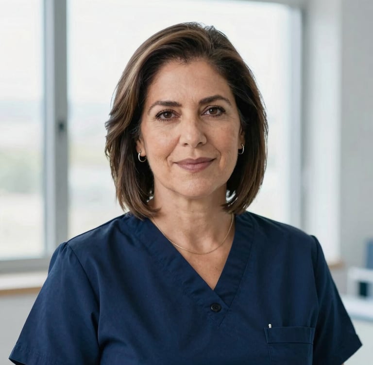 Editorial portrait of Dra. Gabriela González Galindo, soft natural window light, deep indigo tones, professional clinical setting, direct empathetic eye contact, shallow depth of field, 85mm lens