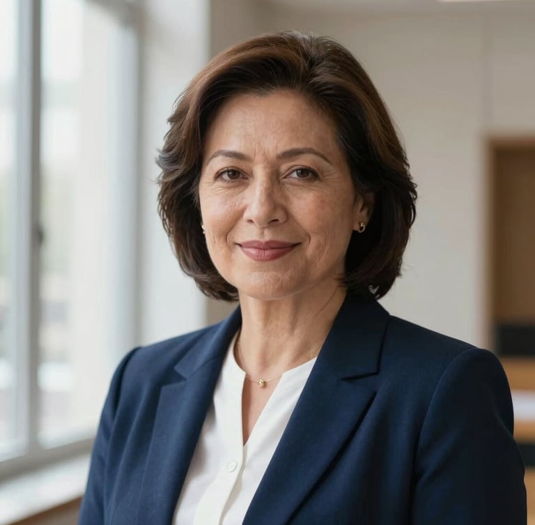 Dignified editorial portrait of a female lawyer in her 40s with a warm, empathetic expression, soft natural window light, deep indigo and clinical white tones, shallow depth of field.