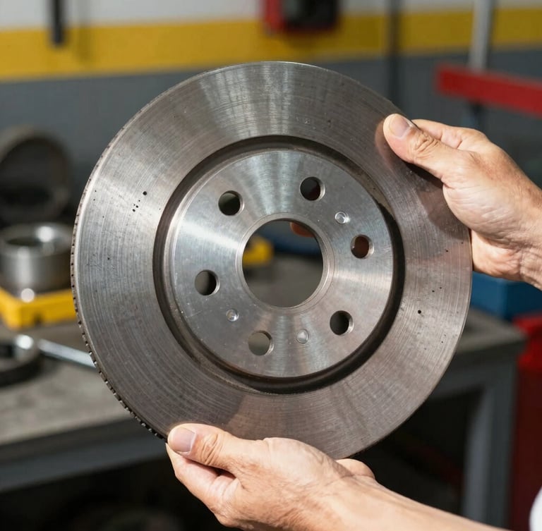 Hands of a real mechanic holding a metallic brake disc in a bright workshop, direct sunlight, sharp focus, 35mm