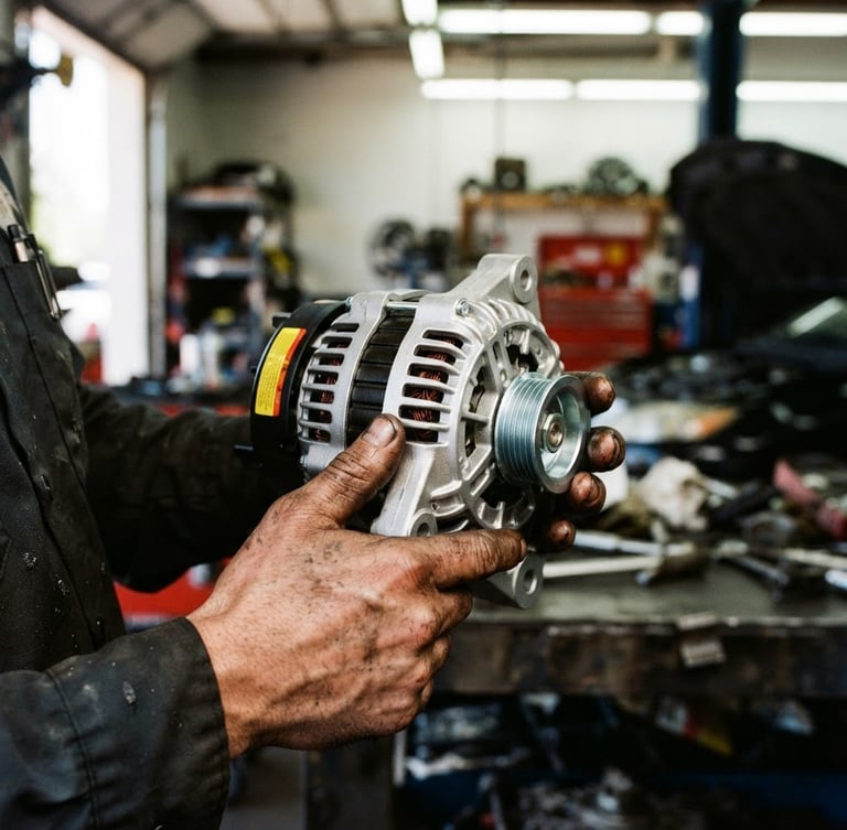 Close-up of a mechanic with grease-stained hands holding a brand new metallic alternator, bright high-contrast workshop lighting, workshop background.