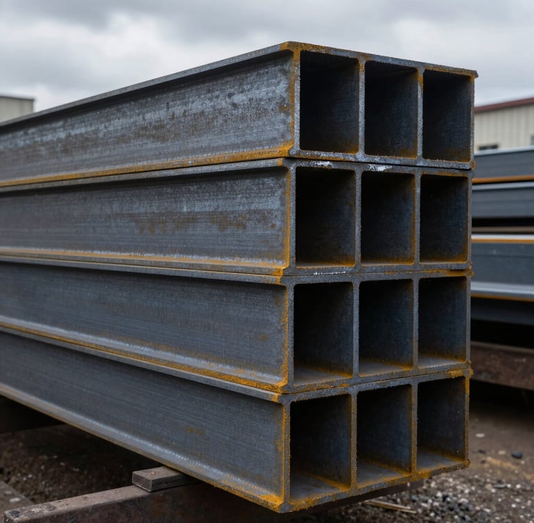 Stacked heavy steel I-beams in a fabrication yard, raw metallic textures under dramatic overcast daylight, industrial photography
