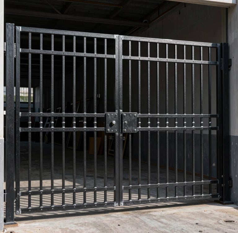 A massive custom-forged black iron security gate with clean welds, industrial design, outdoor daylight