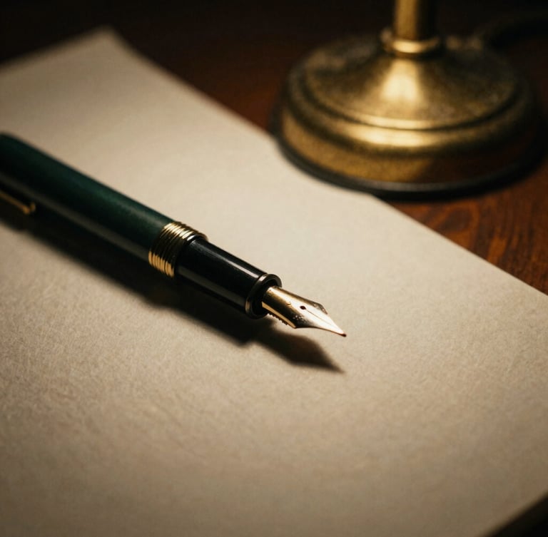 Extreme close-up of a vintage fountain pen resting on heavy, textured cotton paper, warm low-key chiaroscuro lighting from a single brass desk lamp, rich dark green shadows, shallow depth of field, 35mm film grain.