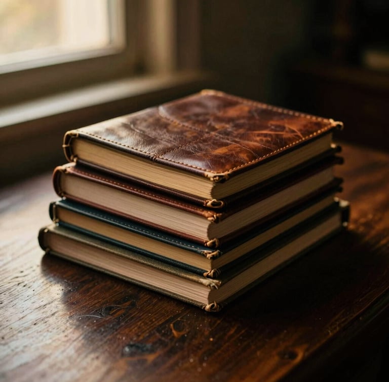 A stack of old, leather-bound notebooks and archived diaries on a dark oak desk, warm golden-hour window light filtering in, moody shadows, shallow depth of field