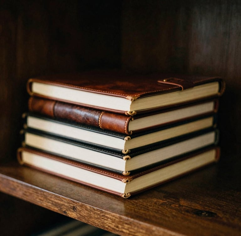 A stack of old leather-bound notebooks and journals on a dark wooden shelf, low-key dramatic lighting, shallow depth of field, 35mm film grain