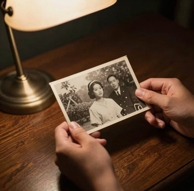 Hands carefully holding an old, faded black-and-white photograph over a mahogany desk, soft desk lamp glow, rich dark tones