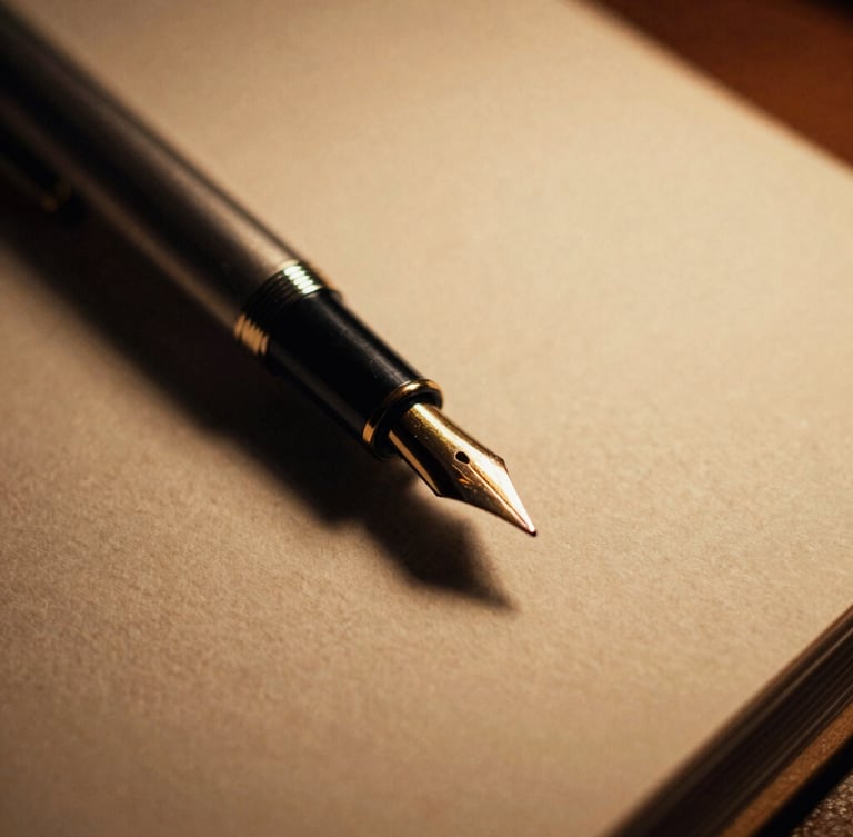Extreme close-up of a vintage fountain pen resting on heavy, textured cotton paper, warm low-key desk lamp light, dramatic shadows, shallow depth of field, 35mm film grain