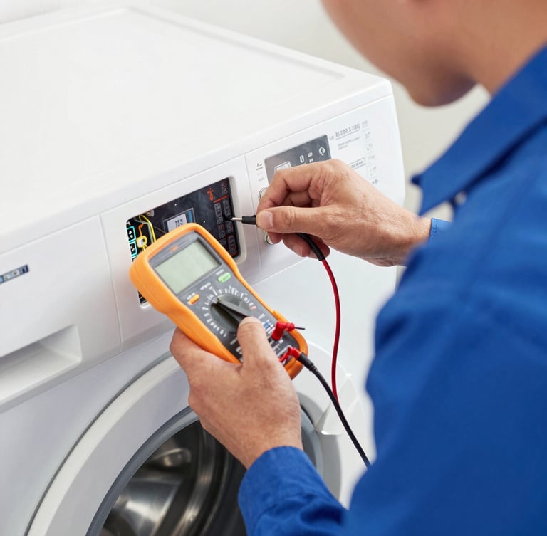 Close-up of a technician's hands in blue uniform testing a washing machine control board with a multimeter, bright clean daylight, sharp focus on tools