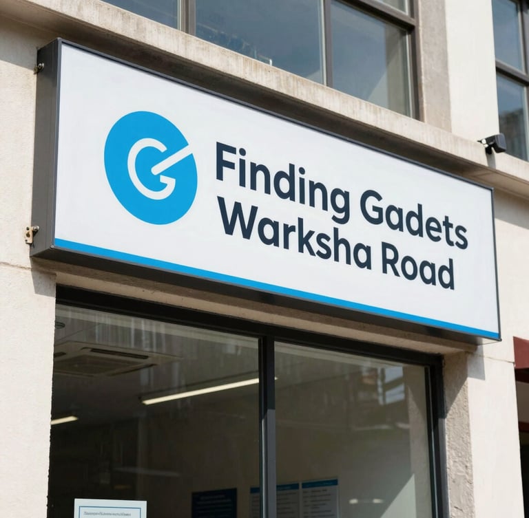 Bright, clean daylight photograph of the Finding Gadgets workshop exterior on Maliha Road, professional signage visible, crisp details, 35mm