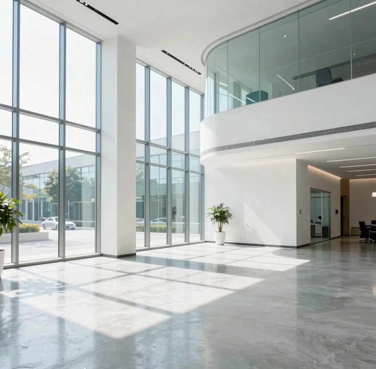 Bright airy modern corporate office lobby with glass walls, natural daylight streaming in, polished concrete floor reflecting light, minimal architectural lines, 35mm