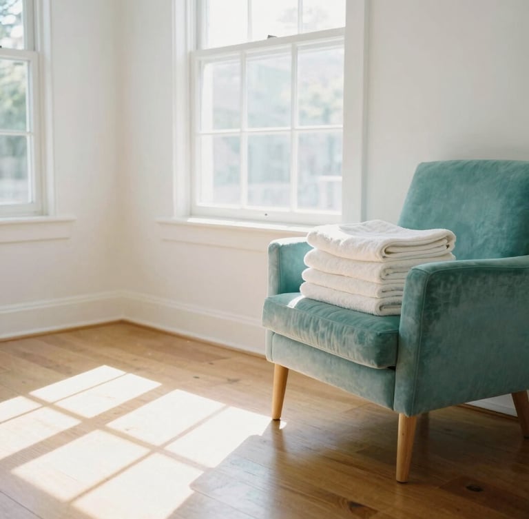 Bright sunlit living room with immaculate hardwood floors, daylight streaming through a large window, a neat stack of fresh towels on a soft teal chair, 35mm