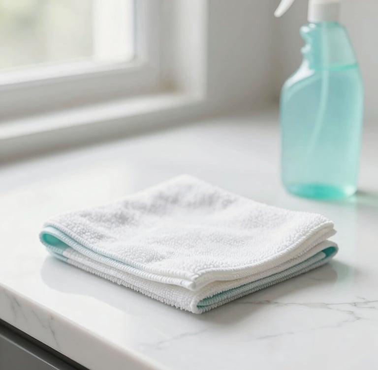Close-up of natural cleaning tools, a neat microfiber cloth and non-toxic spray bottle on a bright white marble counter, sunlit background, 35mm.