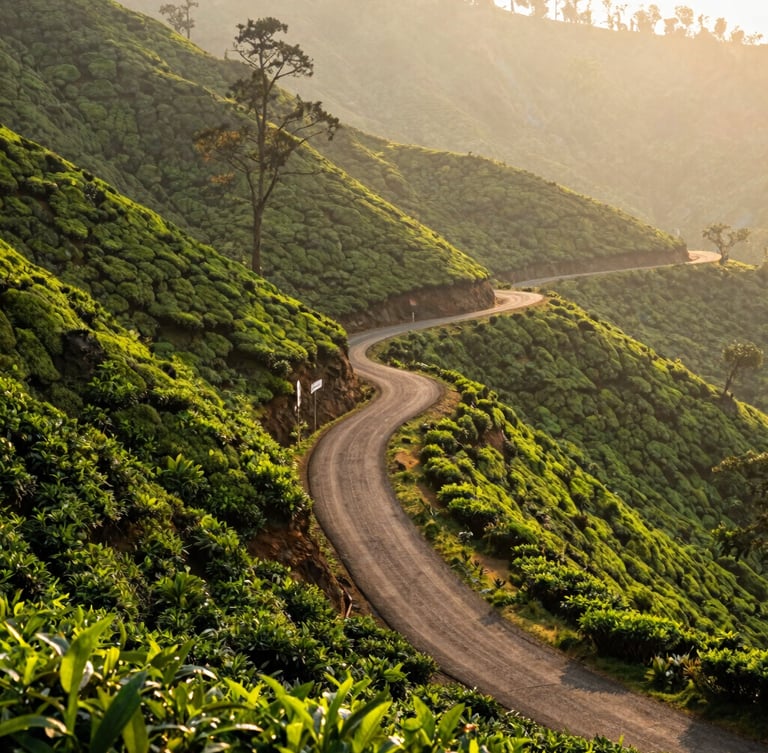 Winding mountain road in Munnar surrounded by lush green tea plantations, soft golden hour sunlight filtering through trees, 35mm lens