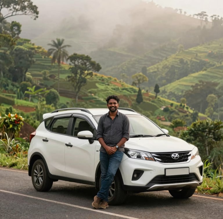 A professional South Indian driver smiling warmly next to a clean private SUV, parked on a misty mountain road in Munnar, soft morning light, rich forest greens, 35mm lens.