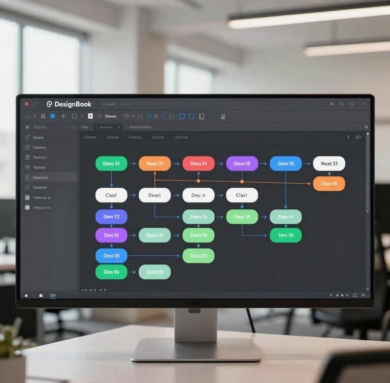 Crisp screenshot of DesignBook interface showing color-coded workflow steps, a green 'next' button highlighted, with a neutral daylight background.