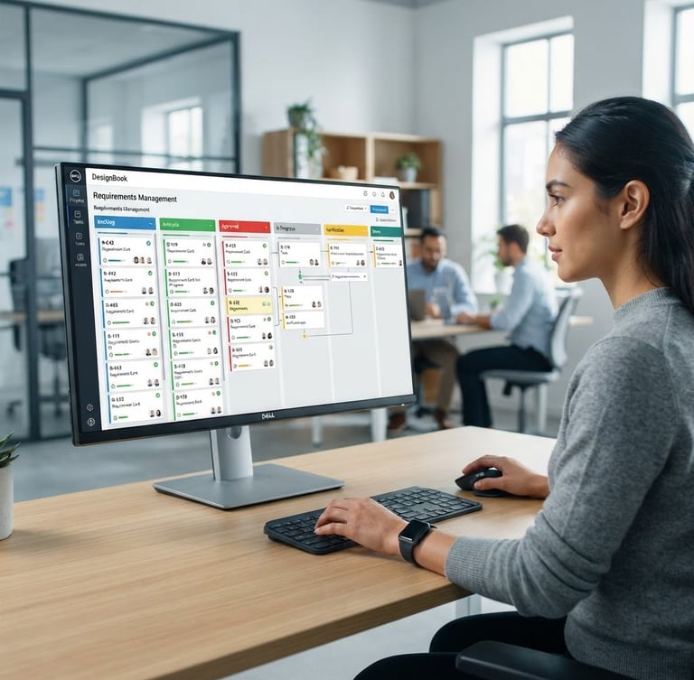 Crisp screenshot of DesignBook's modular interface with color-coded workflow, showing a requirements management screen, bright neutral daylight, sharp focus, 35mm