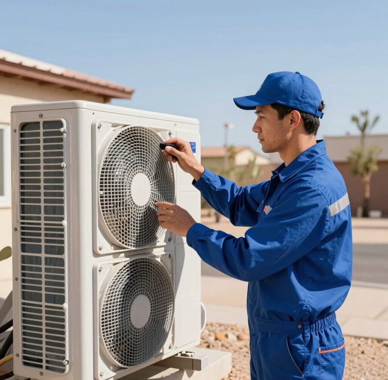 Medium shot of a professional HVAC technician in a clean blue uniform inspecting a modern outdoor air conditioning unit under bright Arizona desert daylight, sharp focus, 35mm photography.