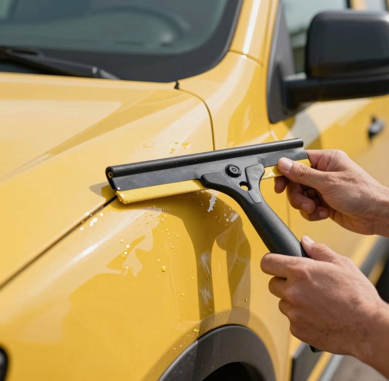 Close-up macro shot of professional hands using a squeegee to apply bright yellow vinyl film flawlessly onto the curved body of a commercial vehicle, crisp daylight