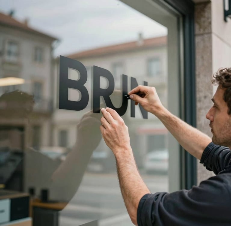 Close-up of a professional installer applying precision-cut matte black vinyl lettering onto a clean glass storefront window in Braga, natural daylight reflecting off the glass.