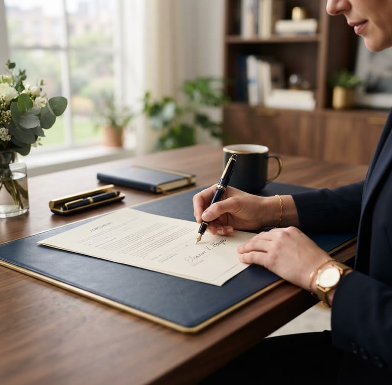 Professional workspace with hands signing documents, shallow depth of field, natural daylight, deep blue and warm gold accents.