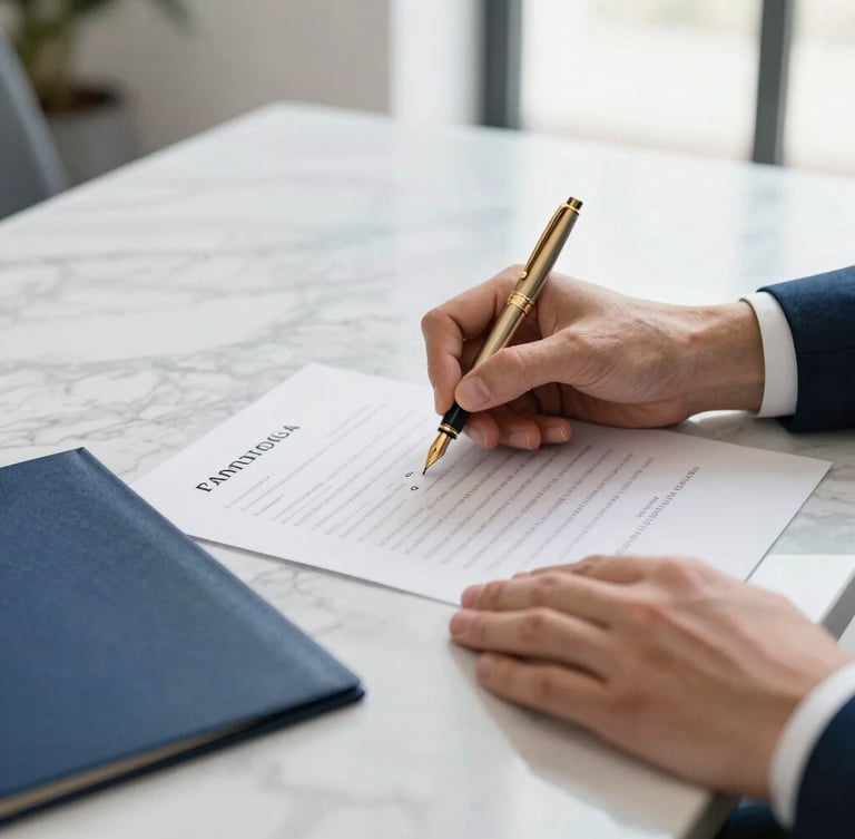 A professional close-up of a document signing on a marble table, hands holding a classic fountain pen, soft natural daylight, deep blue and warm gold accents
