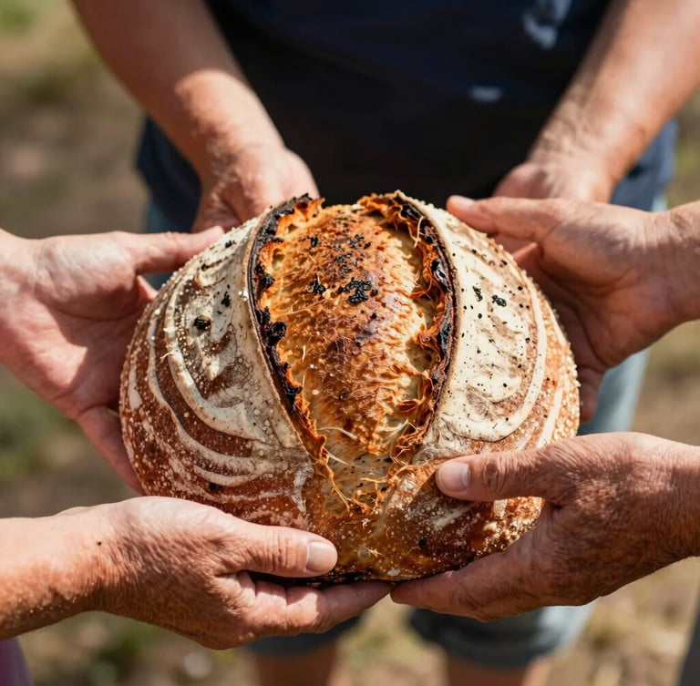 Warm, close-up shot of hands of different generations holding a rustic loaf of freshly baked sourdough bread, natural sunlight, soft shadows