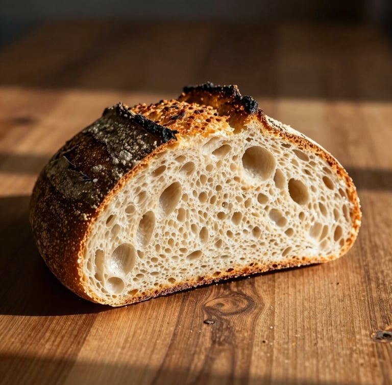 Close-up of a rustic sourdough bread loaf sliced open on a dark wooden table, visible airy crumb structure, warm sunlight casting long shadows, organic texture