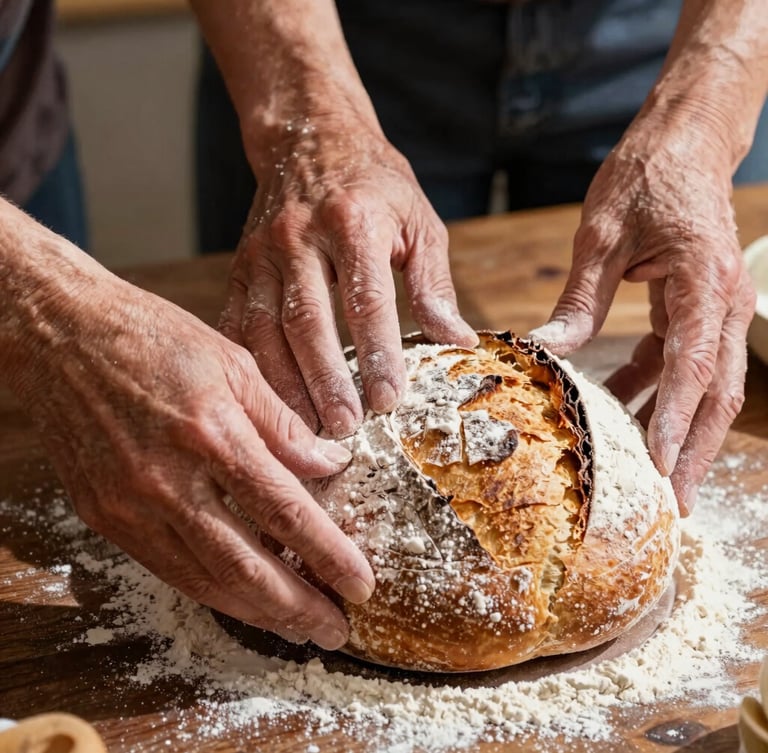 Macro shot of hands of different generations preparing food, dusting flour over a rustic sourdough boule on a dark wooden table, warm sunlight casting soft shadows, rich textures, 35mm