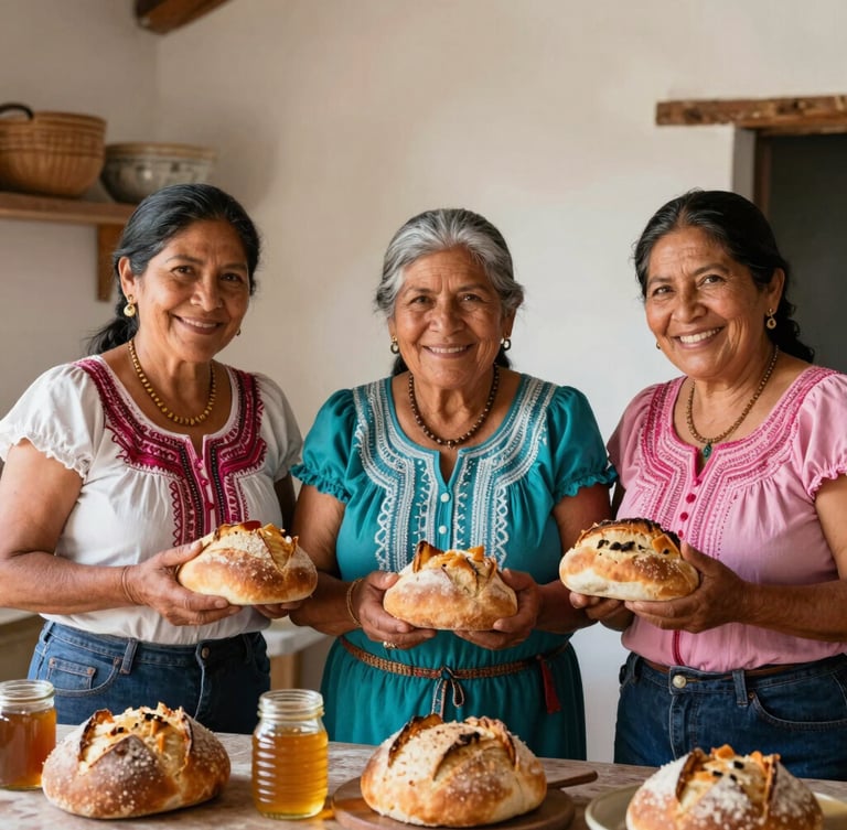 Warm editorial portrait of three generations of Mexican women smiling in a sunlit rustic kitchen, holding fresh sourdough bread and organic honey, rich textures, natural lighting, 35mm