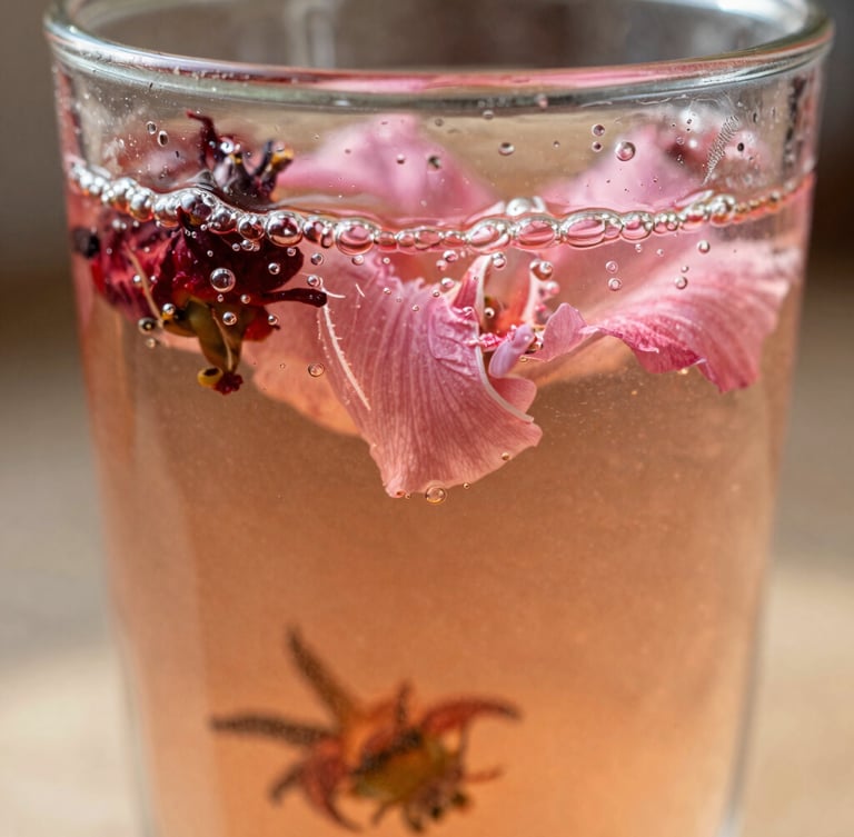 Macro shot of bubbling pink hibiscus kombucha in a clear glass, condensation dripping, warm natural sunlight, rich organic textures, 35mm