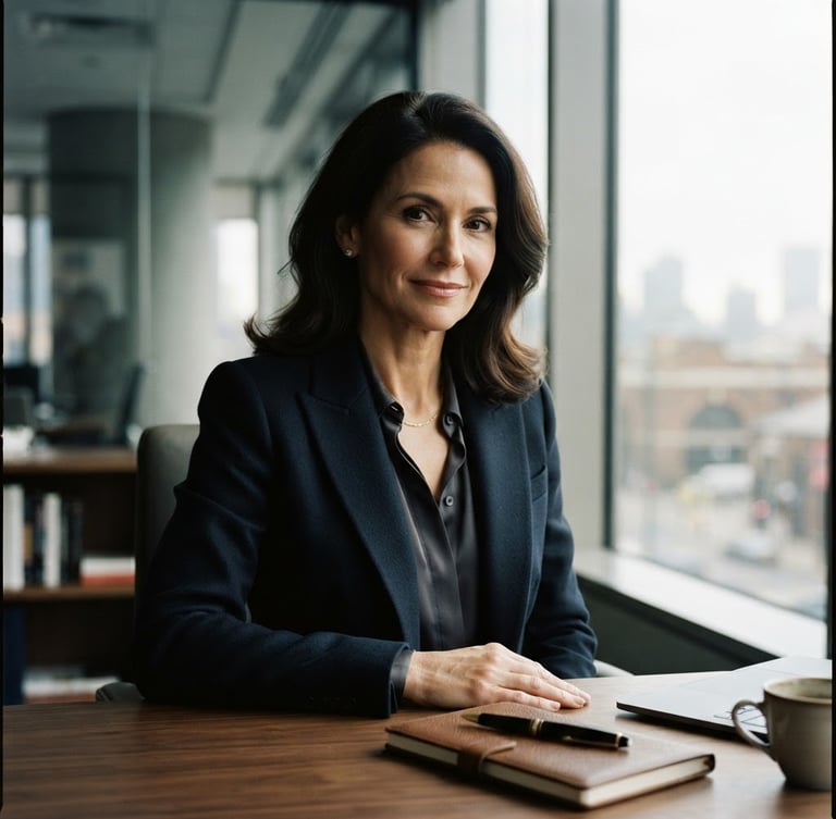 Close-up portrait of a confident executive in a modern office, soft directional window light, elegant editorial photography style, shallow depth of field, high-contrast.