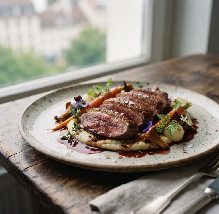 Prato gourmet com foco seletivo, iluminação suave de janela, cores ricas, textura apetitosa, estilo editorial de alta gastronomia, 35mm film texture.
