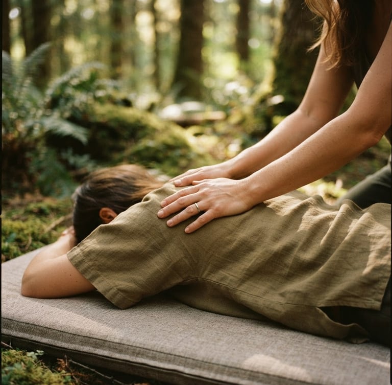 Close-up of gentle, supportive hands practicing somatic Thai Bodywork, soft filtered woodland daylight, warm editorial photography, shallow depth of field, 35mm
