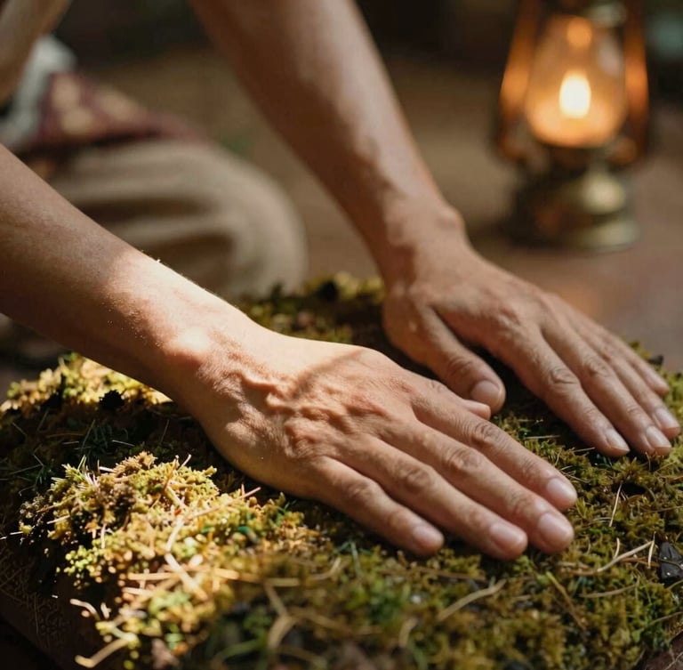 Close-up of hands during traditional Thai Bodywork, soft filtered daylight, warm indoor oil-lamp glow in the background, shallow depth of field, 35mm.