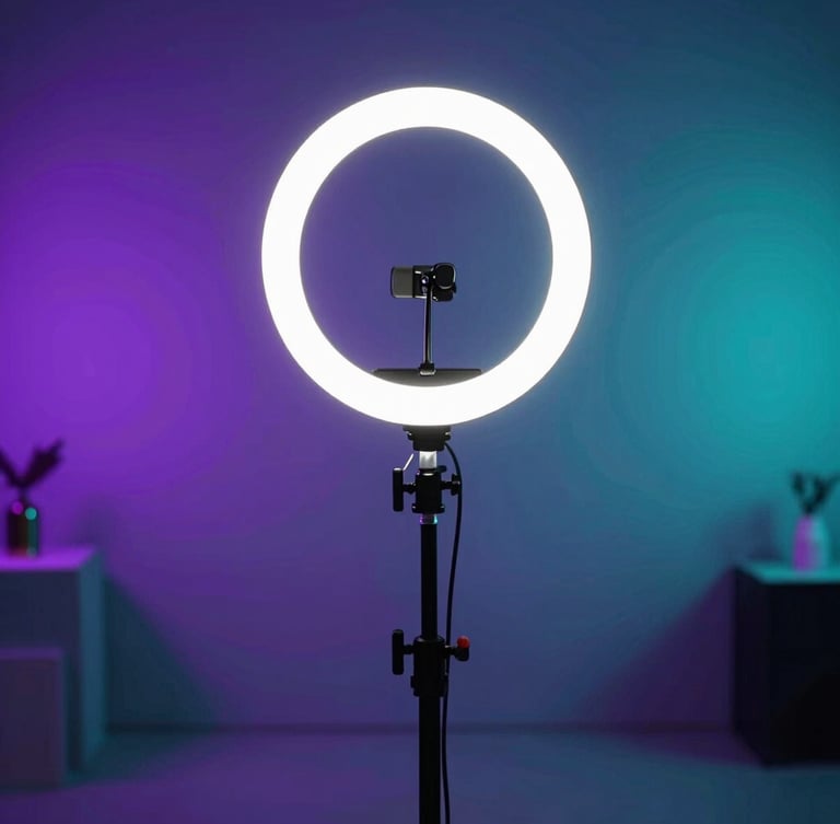Futuristic mobile studio setup, professional ring light, neon purple and teal ambient glows, high-contrast creative environment.