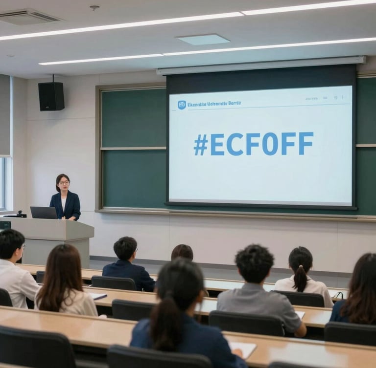 A modern university lecture hall equipped with advanced audio-visual technology, featuring integrated speakers and large screens. The shot highlights a clean, professional academic environment in #ECF0F1 and #34495E tones.