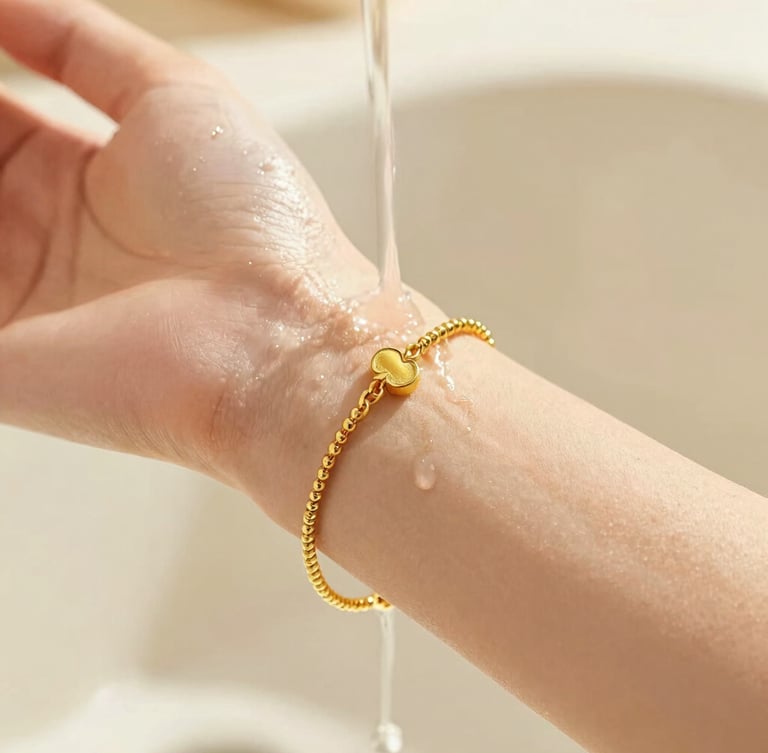 Extreme close-up of a delicate gold bracelet on a woman's wrist under running water, sun-drenched warm lighting, shallow depth of field, highlighting the metallic luster.